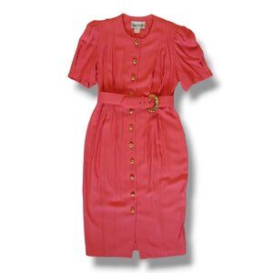 Vintage Wiggle Dress Midi 80s Coral Button Detail Pleated S.L. Fashions Size 10